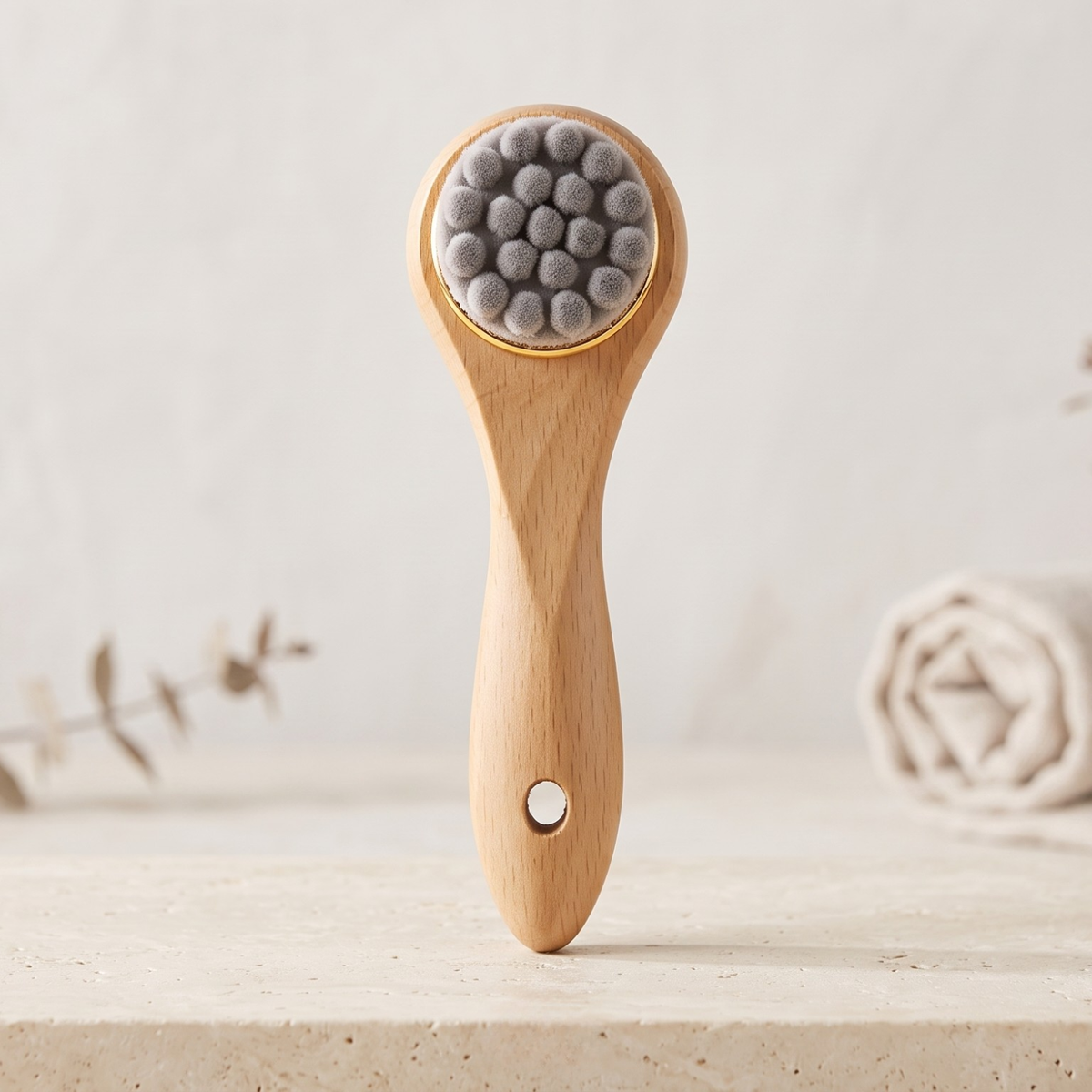 A wooden facial cleansing brush with gray silicone bristles, standing upright on a light stone surface with a softly blurred bathroom background.