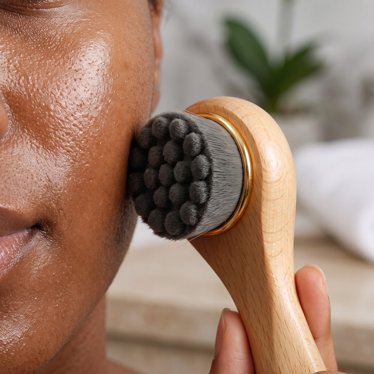 A close-up of a person using a handheld facial cleansing brush with a light wood handle, dark gray bristles, and a gold accent ring on their face.
