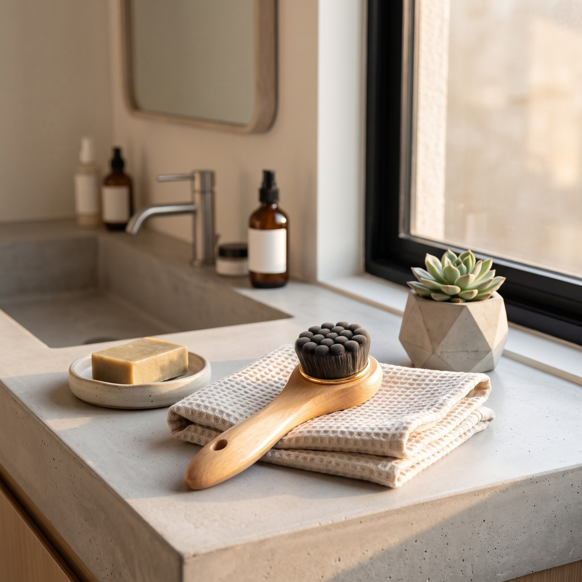 A wooden-handled cleaning brush with dark bristles rests on folded cream towels on a stone countertop beside a sink, soap dish, soap bar, and a small potted succulent near a window.