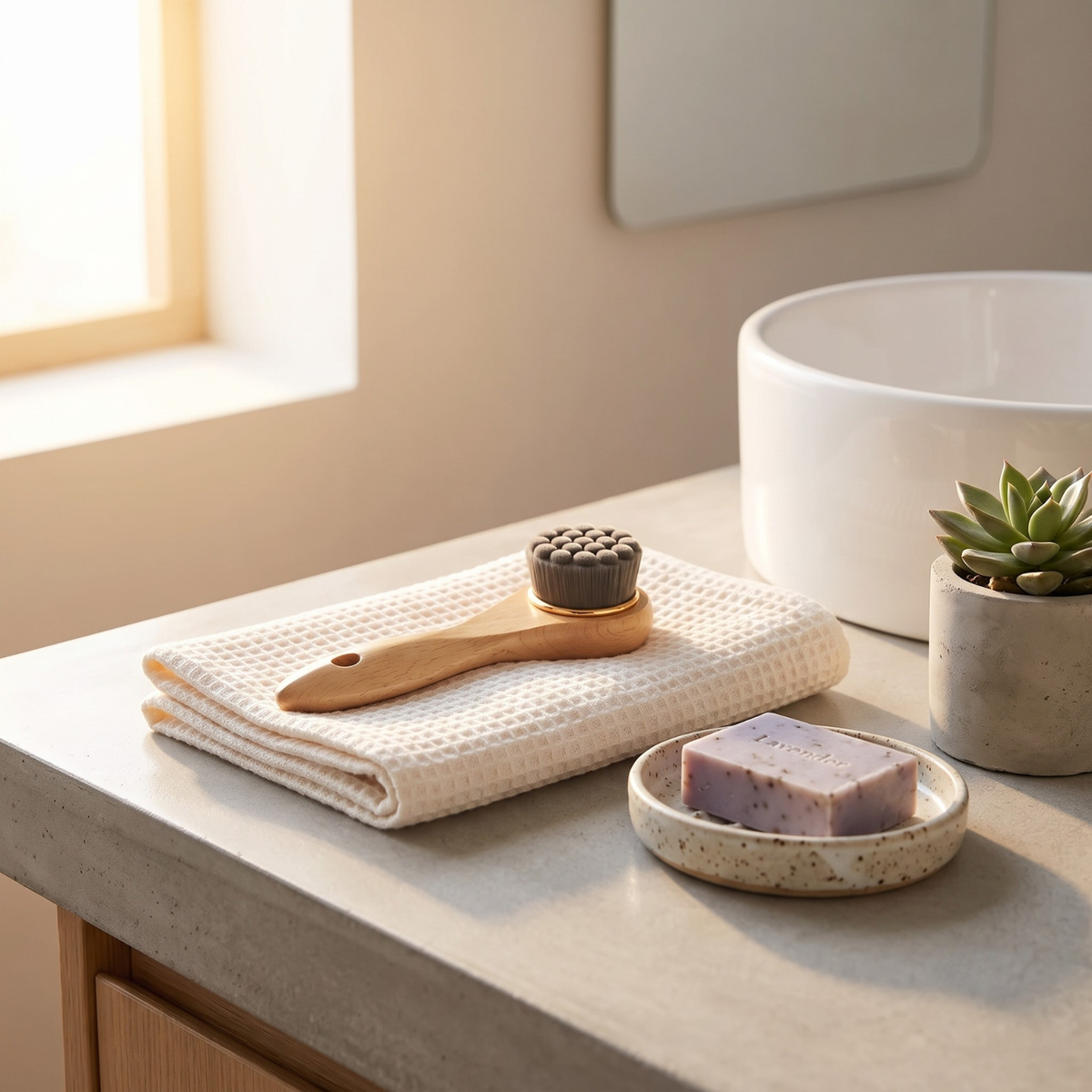A wooden bath brush with a dark gray scrubber head rests on a folded cream waffle-knit towel on a stone countertop. A small round soap dish with lavender soap and a potted succulent are nearby, with a white vessel sink and warm sunlight in the background.