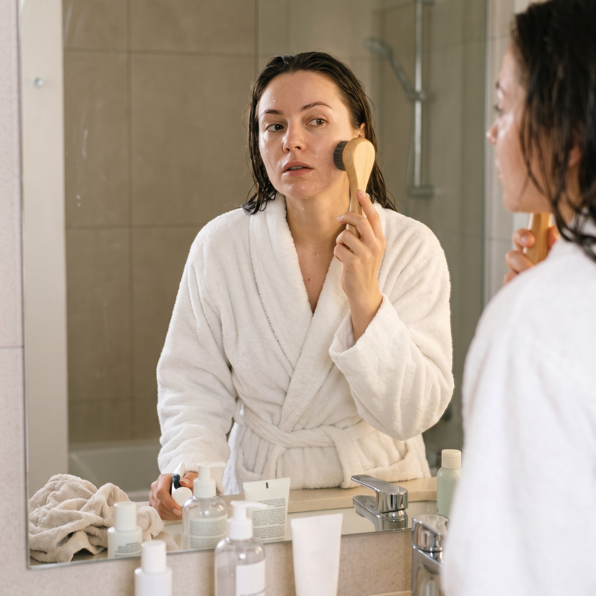 A woman in a white bathrobe applies skincare cream to her face using a wooden applicator brush in a bright bathroom, with toiletries on the counter and her reflection visible in the mirror.