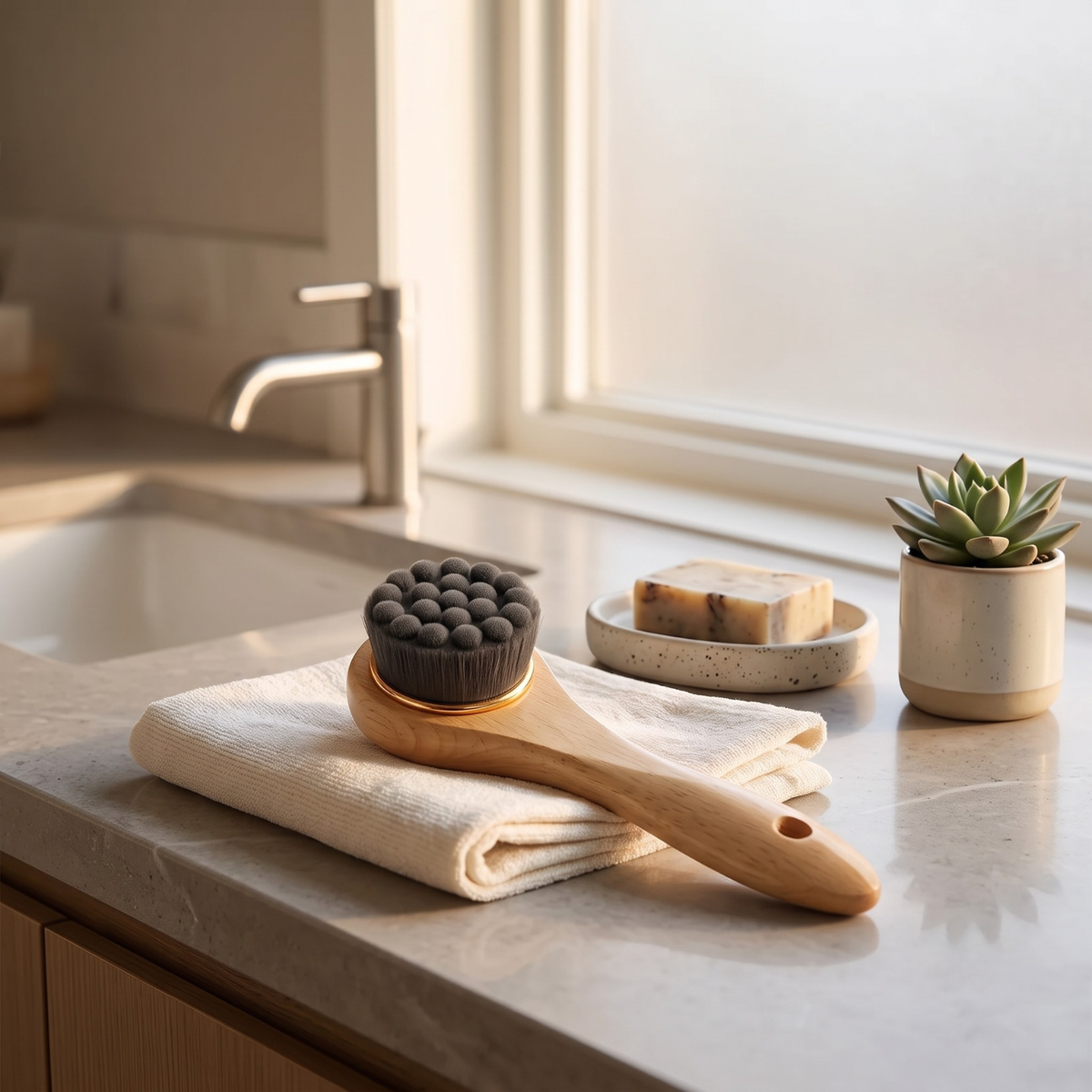 A wooden-handled hair brush with dark bristles rests on a folded cream towel on a light stone countertop. A small potted succulent and a bar of soap sit nearby in a softly lit kitchen or bathroom setting near a window.