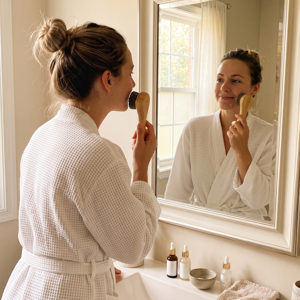 A woman in a white waffle-textured bathrobe stands in a bathroom, holding a wooden facial cleansing brush against her face while looking into a mirror. Small skincare bottles and a bowl sit on the counter below.