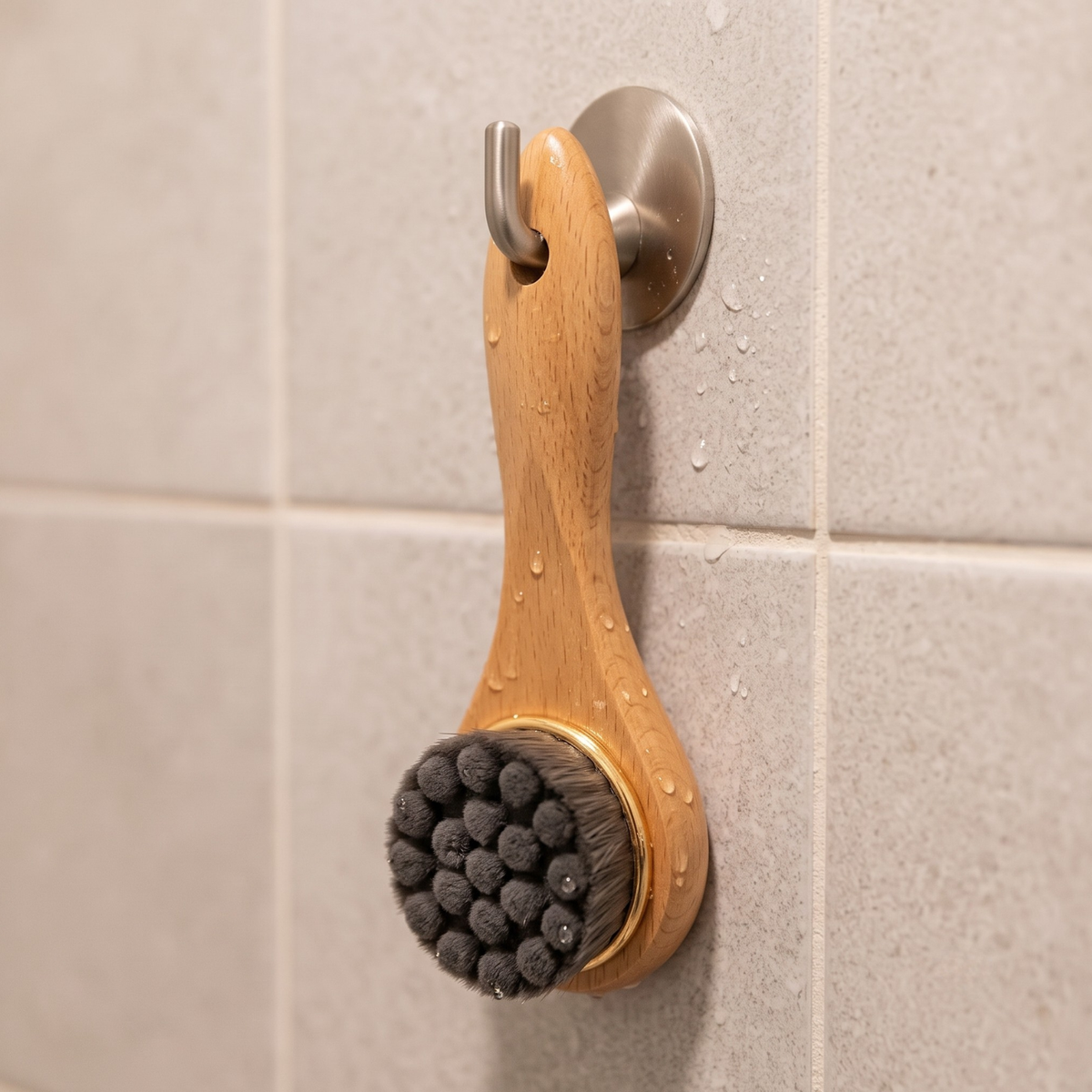 A wooden bath brush with dark gray bristles and a gold-toned trim, hanging from a silver hook mounted on a beige tiled wall.