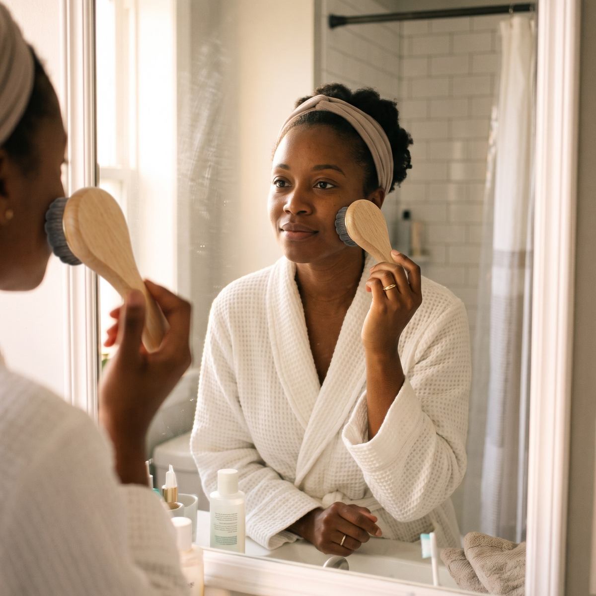A woman in a white waffle robe uses a wooden facial cleansing brush while looking into a bathroom mirror. She is shown in both foreground and reflection, with skincare bottles on the counter and a tiled shower visible in the background.