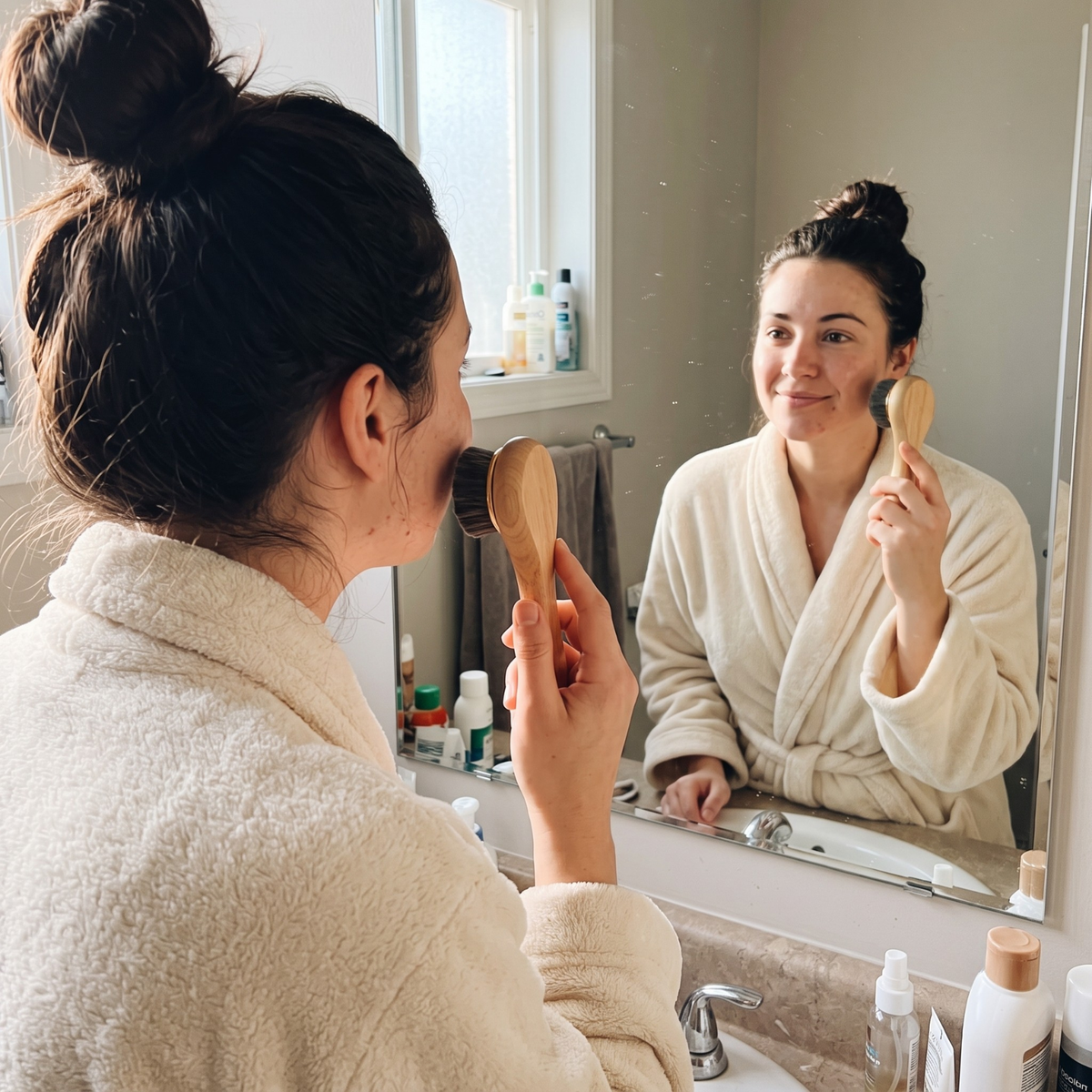 A woman in a cream bathrobe stands in front of a bathroom mirror, holding a wooden facial cleansing brush against her cheek while looking at her reflection. The bathroom has a neutral beige tone with a window and skincare bottles on the counter.