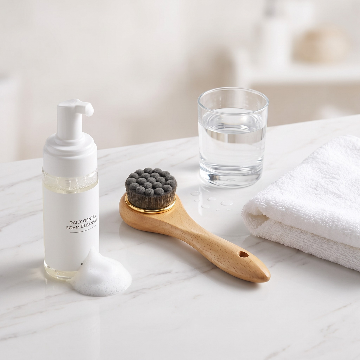 A daily facial cleansing foam cleanser bottle with a white pump and label, shown next to a wooden-handled cleansing brush with dark gray bristles, a glass of water, and a folded white towel on a light marble surface.