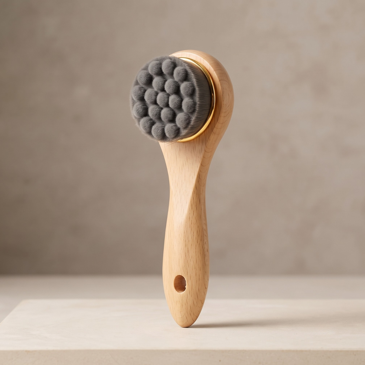 A wooden facial cleansing brush with a light natural wood handle, a gold metal rim, and dark gray silicone bristles, standing upright on a light beige surface against a textured beige background.