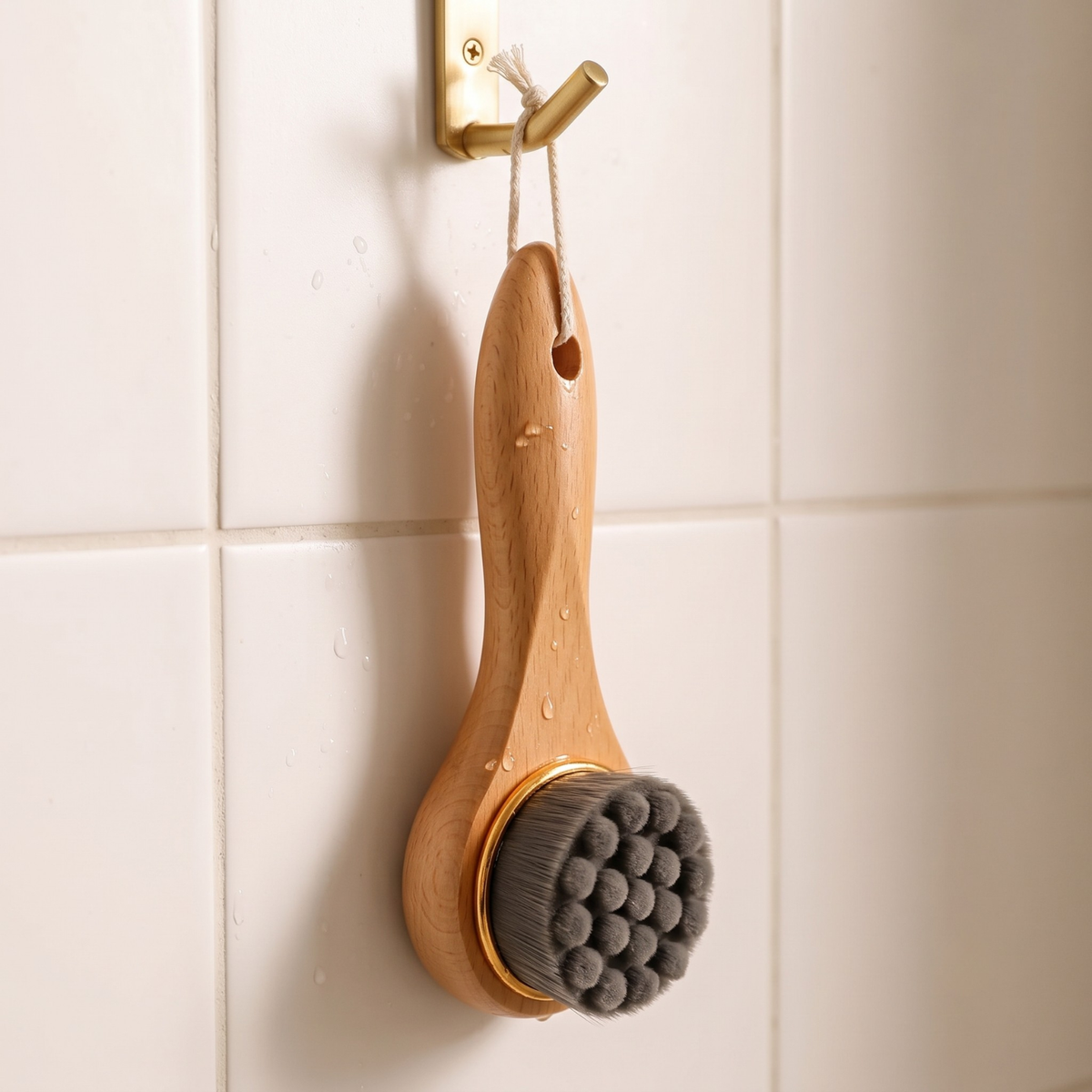 A wooden bath brush with gray bristles and a gold metal rim, hanging from a brass hook on a white tiled wall.