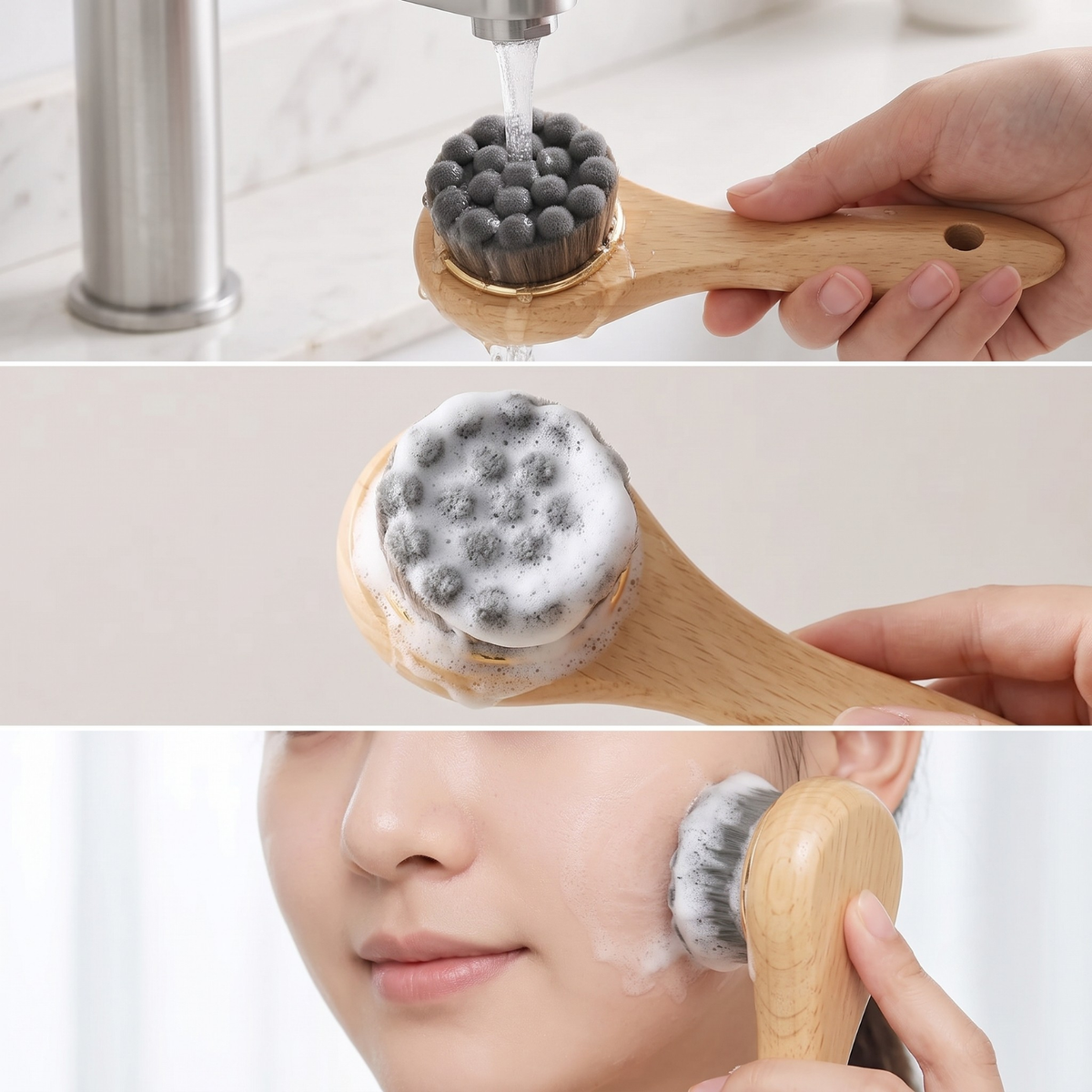 Three-panel demonstration of a wooden facial cleansing brush being used in a bathroom setting. The top panel shows the brush under running water, the middle panel shows it covered in foam, and the bottom panel shows it being used on a person's face.