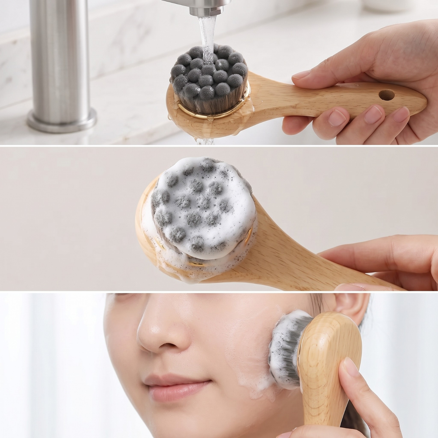 Three-panel demonstration of a wooden facial cleansing brush being used in a bathroom setting. The top panel shows the brush under running water, the middle panel shows it covered in foam, and the bottom panel shows it being used on a person's face.
