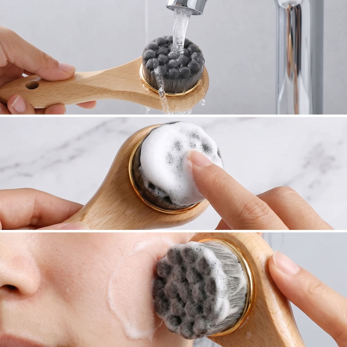 Three-panel close-up showing a handheld facial cleansing brush being used on a person's face. The brush has a light wood handle, a gold-toned rim, and a dark gray bristle head that is wet in the top panel and lathered with foam in the middle and bottom panels.