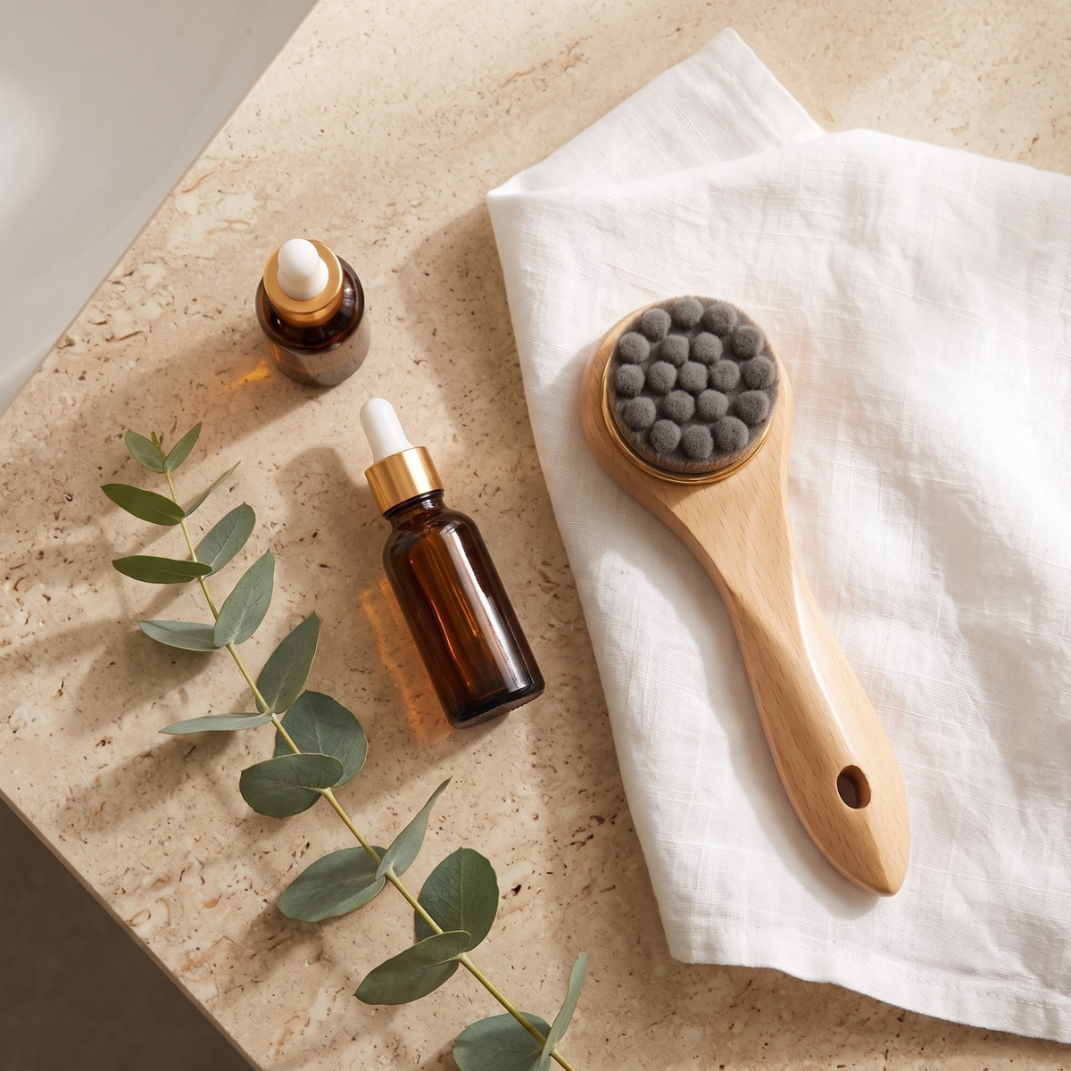 A wooden facial cleansing brush with dark gray silicone pads, styled on a white linen cloth next to two amber dropper bottles and a green eucalyptus stem on a beige stone surface.