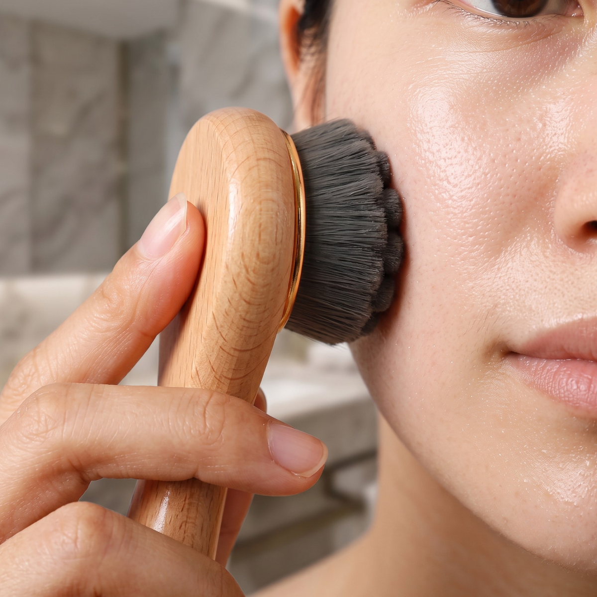 A close-up of a person applying makeup with a wooden-handled brush that has dark gray bristles and a gold-toned metal rim.