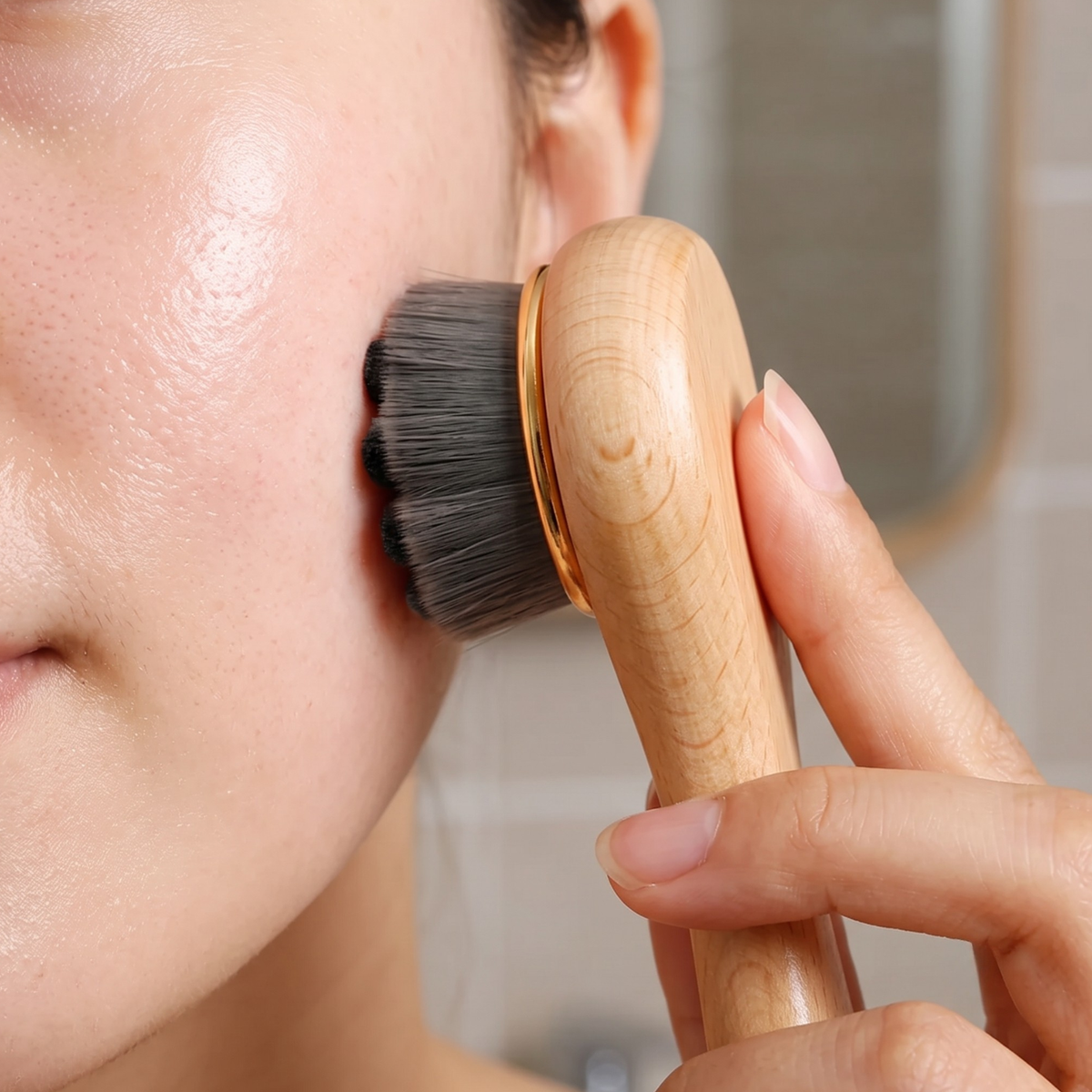 A close-up of a person applying makeup with a handheld brush that has a light wood handle, a gold accent ring, and dark gray bristles.