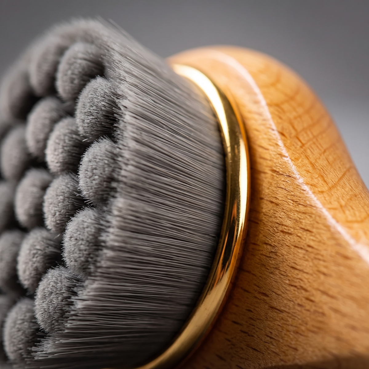 Close-up of a makeup brush with gray bristles, a polished gold ferrule, and a light wood handle on a soft gray background.