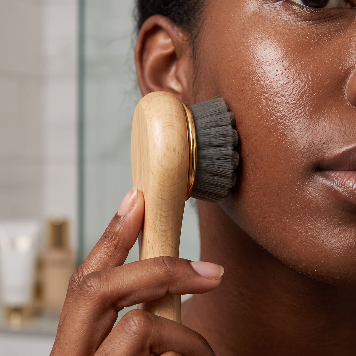 A close-up of a person using a wooden facial cleansing brush with gray bristles on their cheek in a bright bathroom setting.