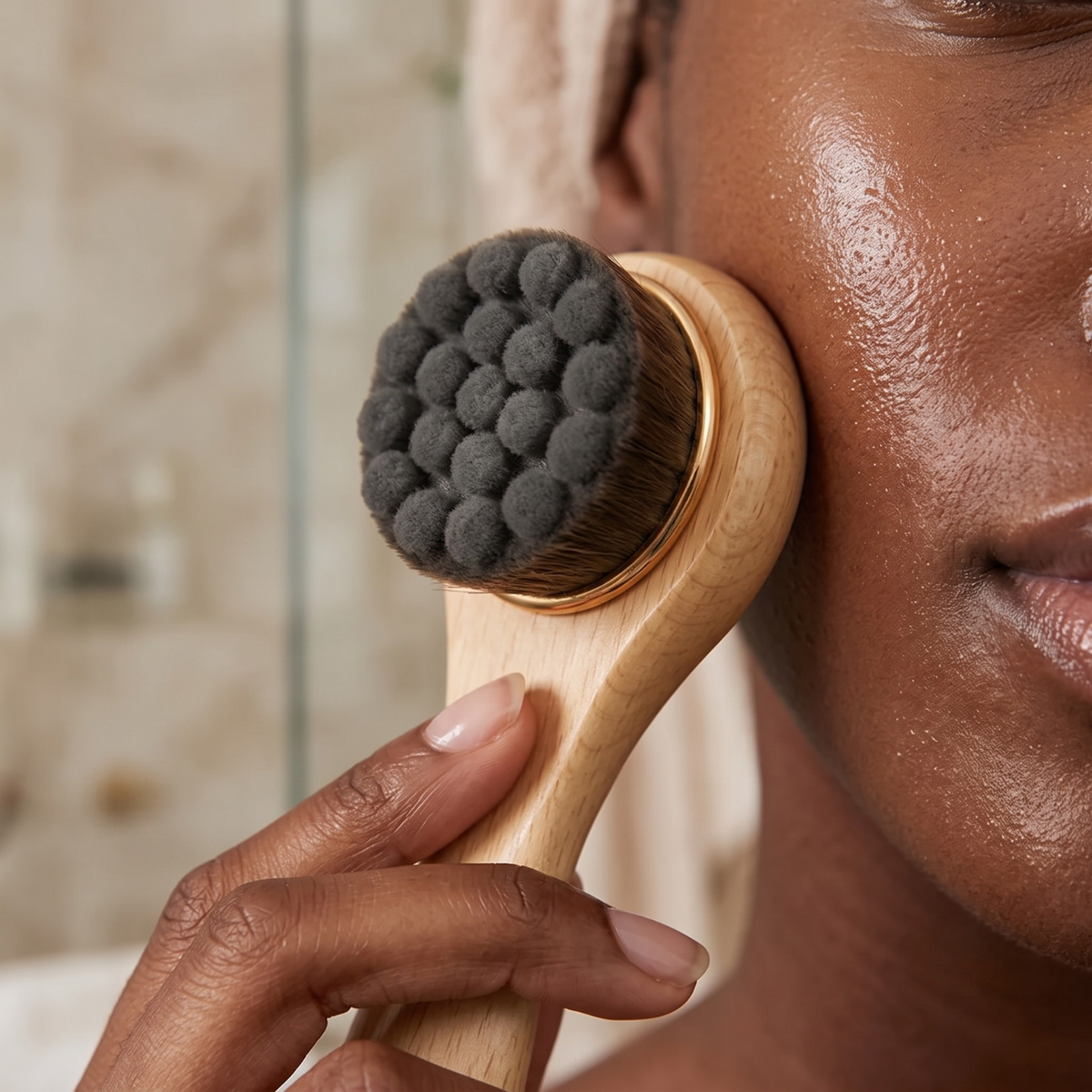 A close-up of a person holding a wooden facial cleansing brush against their cheek. The brush has dark gray bristles, a light natural wood handle, and a gold metal accent ring.