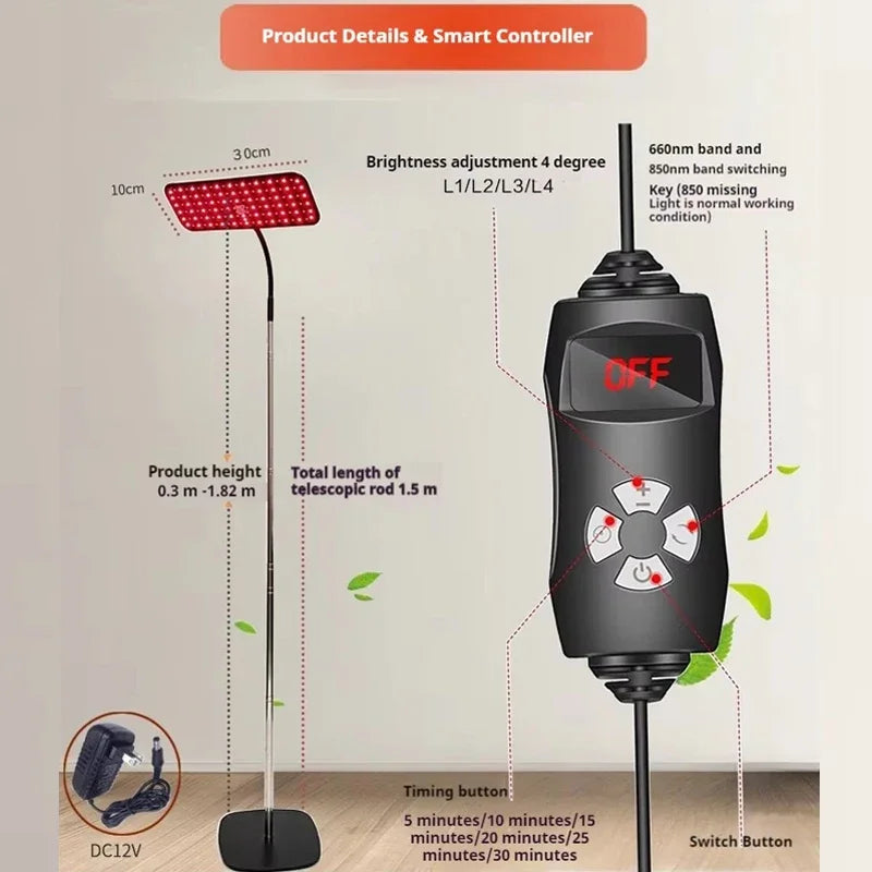 Red Light Therapy Panel | 126 LED Floor Stand, Adjustable Height & Angle