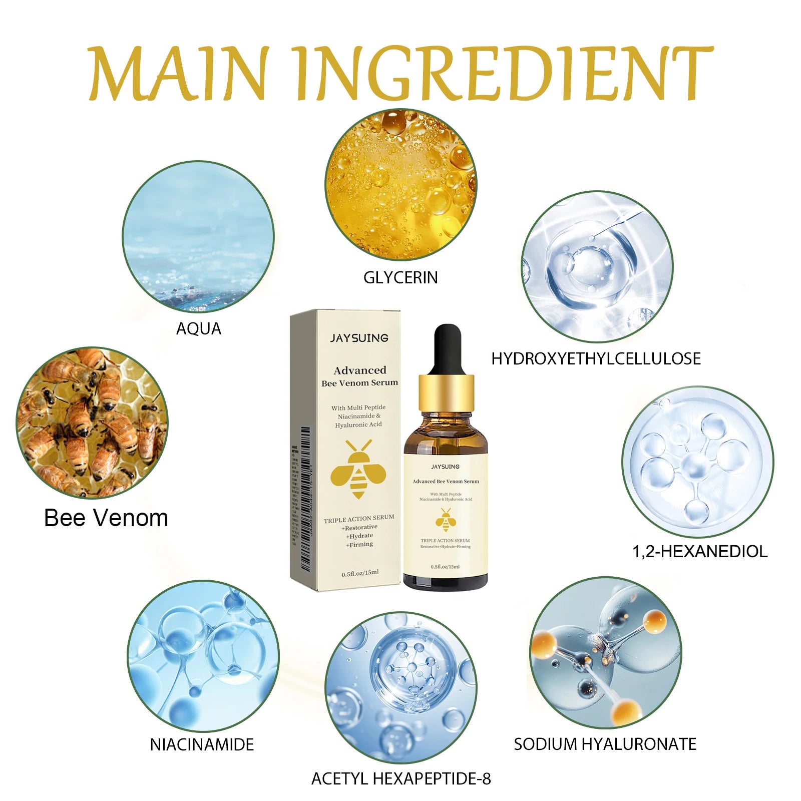 Jaysuing Bee Venom Serum Tighten Lightens Fine Lines Repair Dullness Moisturizing Firming Facial Skin Essence Brightening Skin